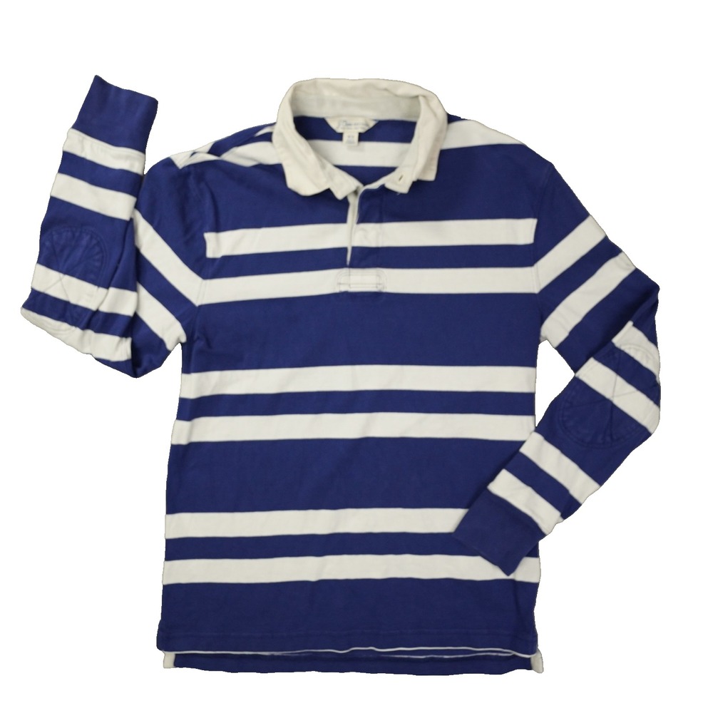 J. Crew Rugby Long Sleeve Shirt Mens XS White Blue Stripe Elbow Patch BE890